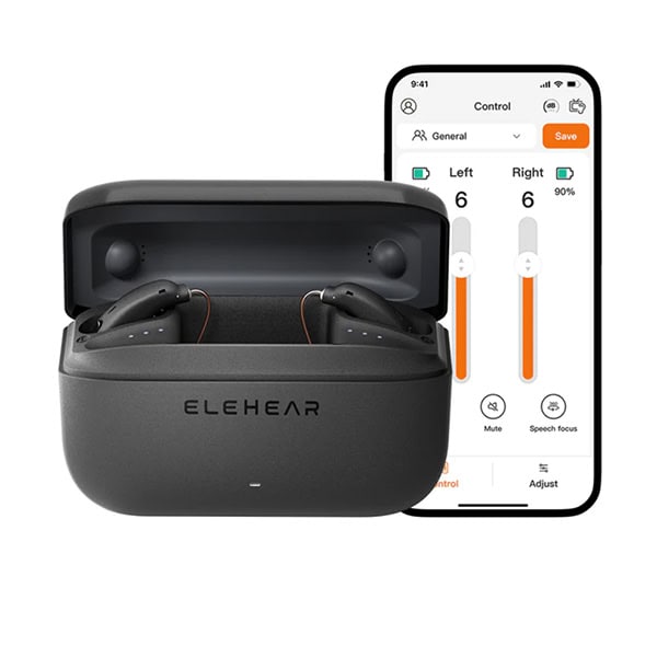 ELEHEAR smart hearing aid earbuds in a charging case, displayed next to a smartphone app with controls for left and right ear adjustments, mute, and speech focus options.