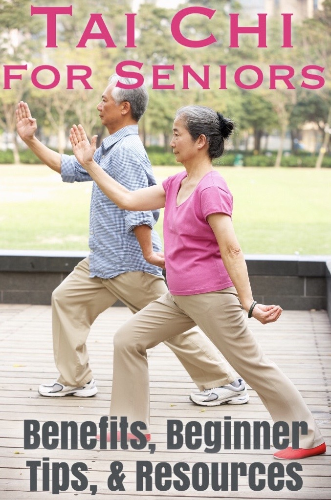 Older man and woman practicing tai chi, each with one foot forward under a bent front knee and one arm raised at an angle